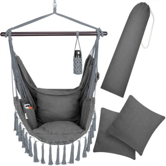 Boho Style Hanging Hammock Chair w/Drink Holder 2 Cushion Indoor Outdoor Anthracite - Detex