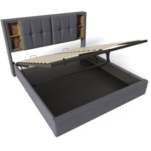 Upholstered Bed Frame with Wireless Charging & Hydraulic Storage - Linen,4ft6 Double,Grey (135x190cm, No Mattress)