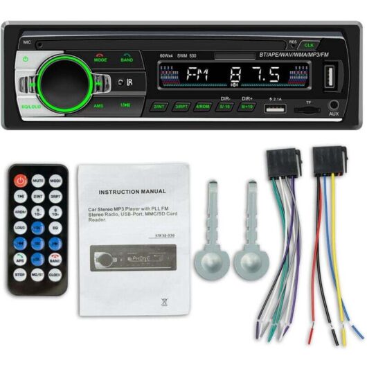 Bluetooth Car Radio, 1 DIN Car Radio Receiver with MP3 WMA FM Player, Remote Control, Two USB Ports, Hands-Free Stereo, 4 x 60W, Supports iOS and