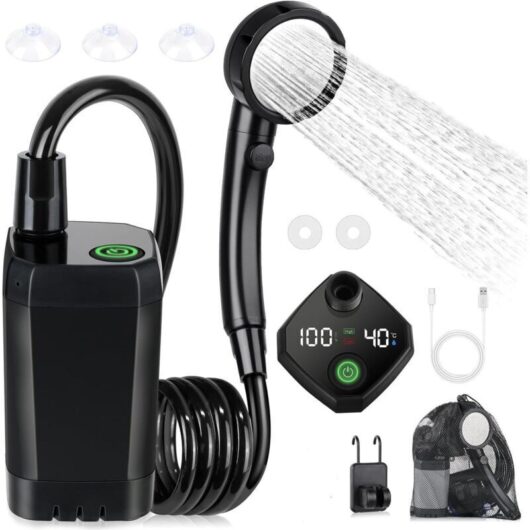 Portable outdoor shower, rechargeable electric shower pump, waterproof, smart display, 4-mode shower head for outdoor use, camping and hiking