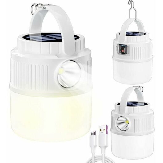 Solar LED camping lamp, USB rechargeable, 4 modes, portable, waterproof, dual LED light source, new multifunctional lamp ideal for outdoor use