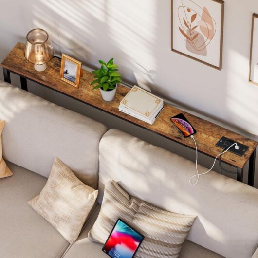 Console Table with Charging Station, 120 cm Slim Console Table for Hallway, Behind Sofa Table, for Entryway, Living Room, Small Spaces, Metal Frame,