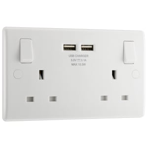 BG Slimline 13A 2 Gang Double Switched Power Socket with 2 x USB 3.1A - White