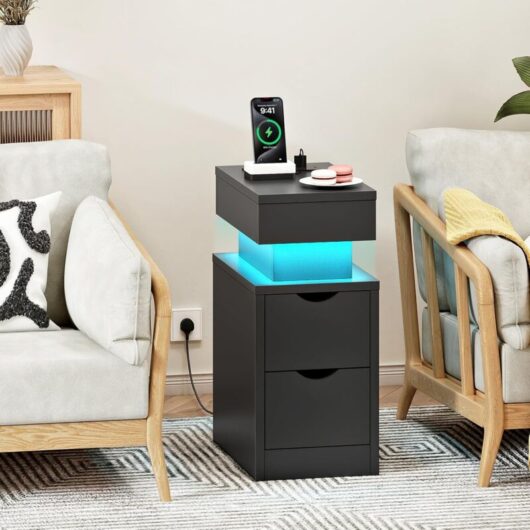 Bedside Table with Charging Station, Slim LED Nightstand with 2 Drawers, Narrow Side Table with Power, for Small Spaces, Bedroom, Living Room, Black