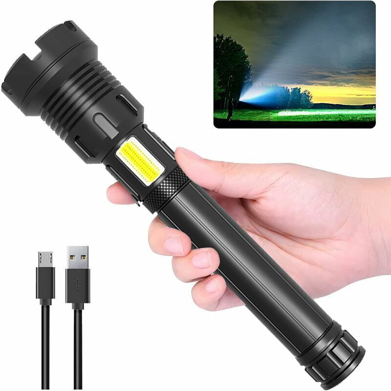 Ultra Powerful LED Flashlight, 90000 Lumens COB LED Tactical Military Flashlight with 10000mAh USB Rechargeable Battery, IP65 Waterproof, 7 Modes,