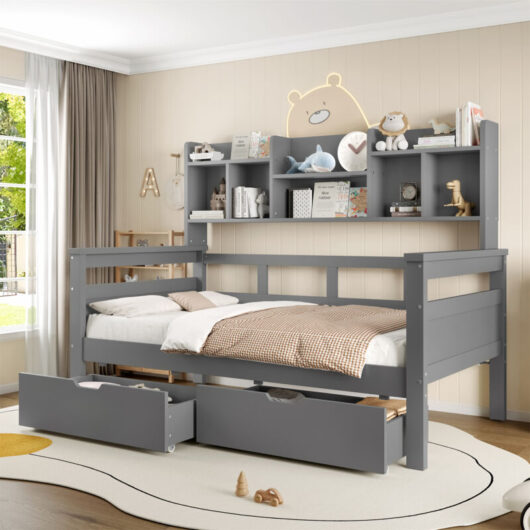 3ft Kids Storage Bed with Bookcase Headboard & Guardrail - Wooden Bed Frame with 2 Drawers, Space-Saving Single Bed for Bedroom/Dorm/Study Room (No