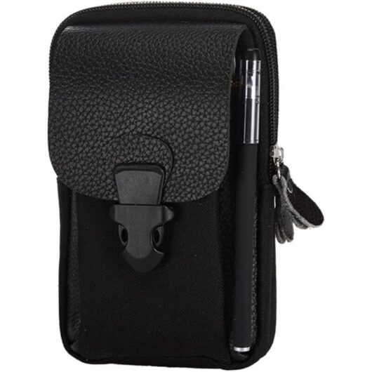 Cell Phone Pouch, Leather Belt Pouch for Cell Phone, Vertical Cell Phone Belt Case, Cell Phone Crossbody Pouch, Men's Fanny Pack (Black)