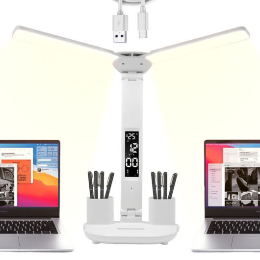 [NEVER USED] Wireless LED Desk Lamp for Children with Time, Calendar, Temperature, 2 Pen Holders, Double Head, Dimmable, 3 Color Modes, Touch