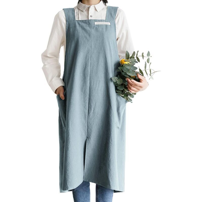 Odipie - Cotton Linen Aprons Solid Color Japanese Style Halter Cross Bandage Apron with Pocket Retro Literature Art Florist Clothing for Women