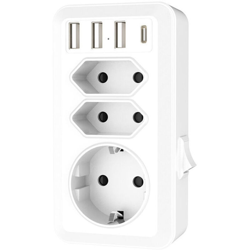 USB socket, 7-in-1 multiple socket with 3 USB and 1 Type-C port, 3-way multiple socket adapter with USB charger (2 Euro sockets and 1 Schuko) for