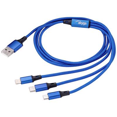 Akyga USB cable USB-A plug, Apple Lightning plug, USB-C® plug, USB Micro-A plug 1.20 m Blue AK-USB-27