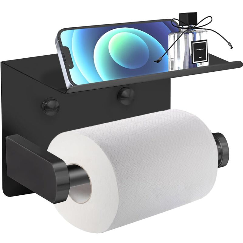 Self-Adhesive Toilet Paper Holder with Phone Shelf - Rustproof Stainless Steel, Drill-Free Installation