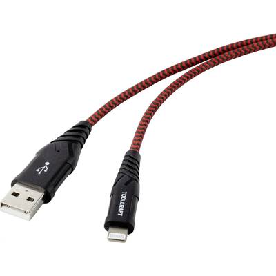TOOLCRAFT USB cable USB 2.0 USB-A plug, Apple Lightning plug 1.00 m Black-red Heavy duty braided shielding TO-6899490