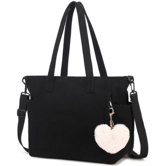 Women's Corduroy Bag - Crossbody Bag, Shoulder Bag, and Shopping Tote with Cute Plush Pendant