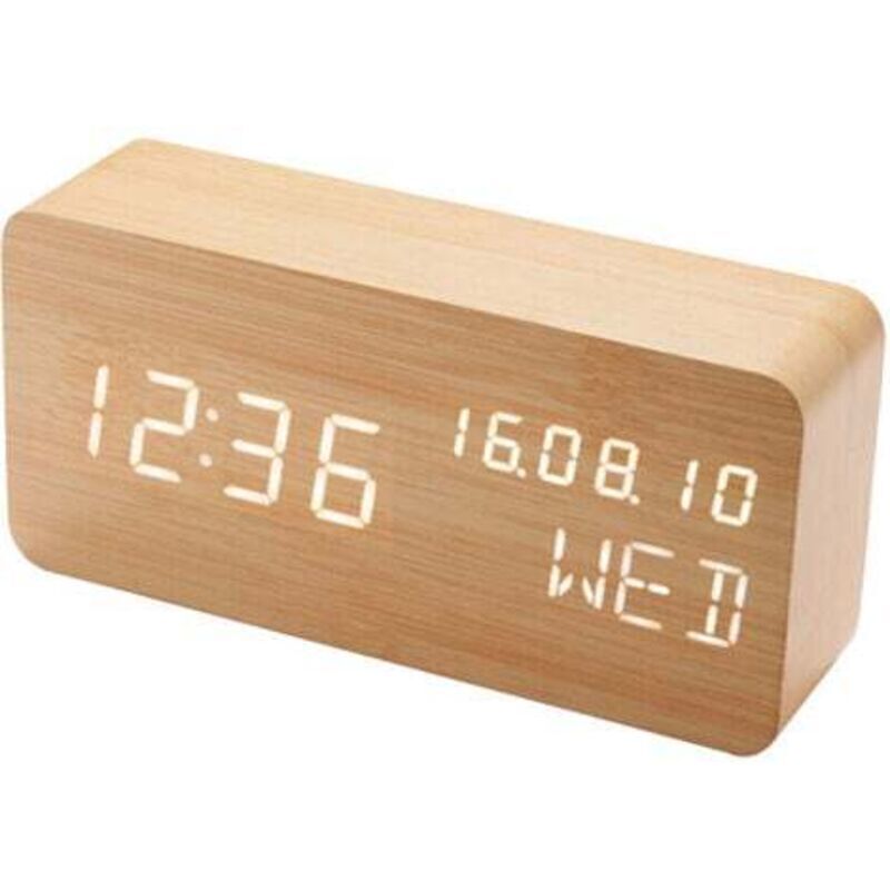 (Wood color) Wooden digital alarm clock with LED sound control, dual USB battery power supply, silent wooden clock with LED, home decorations
