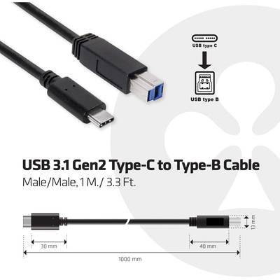 club3D USB cable USB 3.2 1st Gen (USB 3.0 / USB 3.1 1st Gen) USB-C® plug, USB-B plug 1.00 m Multicolour CAC-1524